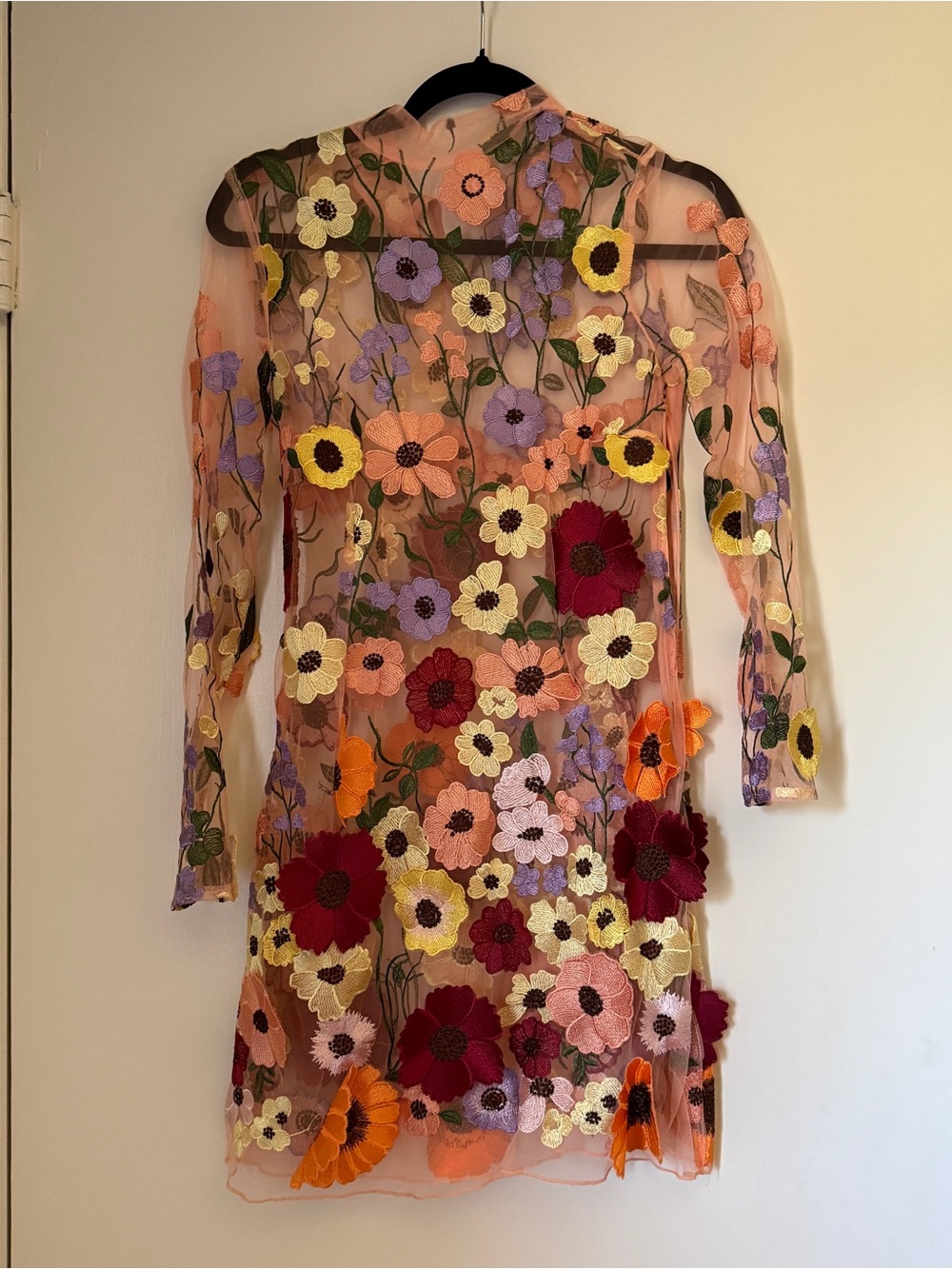 Finesse Sheer Long-Sleeve Dress with Multicolor Floral Appliqué - Picture 2 of 8